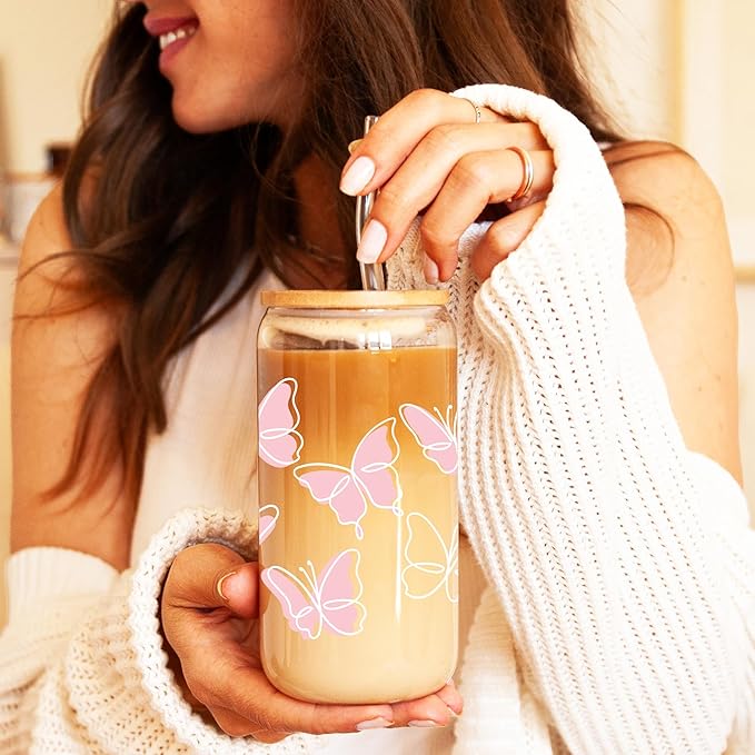 BIPEDS Butterfly Gifts for Women, Pink Cute Glass Cups with Lids and Straws, Aesthetic Iced Coffee Cup, Girly Preppy Design Tumbler Mug, Birthday Valentines Christmas, Teen Girl Gifts Trendy Stuff