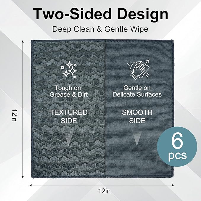 Microfiber Dual-Sided Cleaning Cloths, 6 Pack 12 x 12 Inch Reusable Dish & Cleaning Towels, Soft & Textured All-Purpose Cleaning Rags for Kitchen, Home & Car, Reusable Rags, Grey