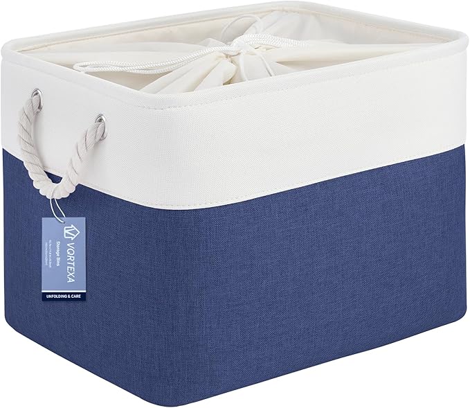 VQRTEXA Large Storage Baskets- 16x12x12 inch Storage Bins for Shelves and Closet Organizing, Foldable Fabric Bin for Home Organization Clothes and Laundry (1-Pack, White&Blue)