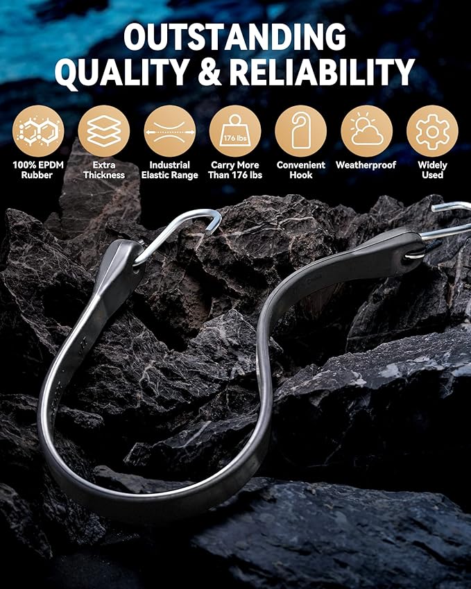 41'' Rubber Bungee Cords Heavy Duty Outdoor with 73.8" Max Stretch & Over 176 lbs Load, 100% EPDM Black Bungee Straps with Crimped S Hooks for Cargo, Tarps, Truck, Motorcycle, Weatherproof (10 Pack)