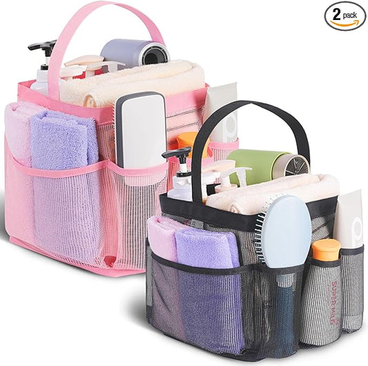 EUDELE 2 Pack Mesh Shower Caddy Portable for College Dorm Room Essentials, Shower Caddy Dorm with 8-Pocket Large Capacity,Shower Bag for Beach,Swimming,Gym All Black+All Pink