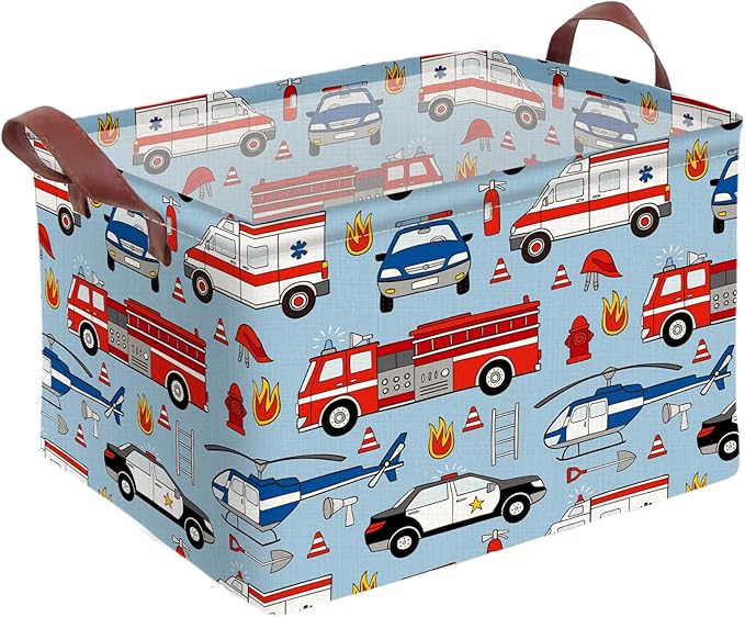 Police Car Storage Basket Waterproof Canvas Toy Storage Bin Fire Truck Car Room Decor Collapsible Outdoor Basket with Leather Handles Funny Decor Blanket Baskets For Closets,Bedrooms,Gifts Baskets