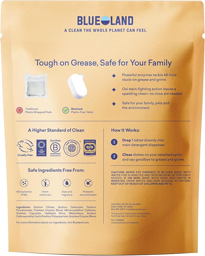 BLUELAND 100% Plastic-Free Dishwasher Detergent Tablets, 60 Count, Free & Clear, Eco-Friendly Dishwashing Pods, Natural, USDA Certified biobased