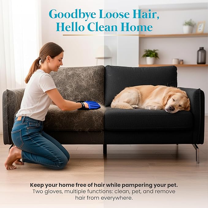 Cat Grooming Gloves for Shedding – Pet Hair Remover Set with Self-Cleaning Mitt – 2 Grooming Gloves + 1 Reusable Pad for Cats & Dogs – Long & Short Hair Deshedding