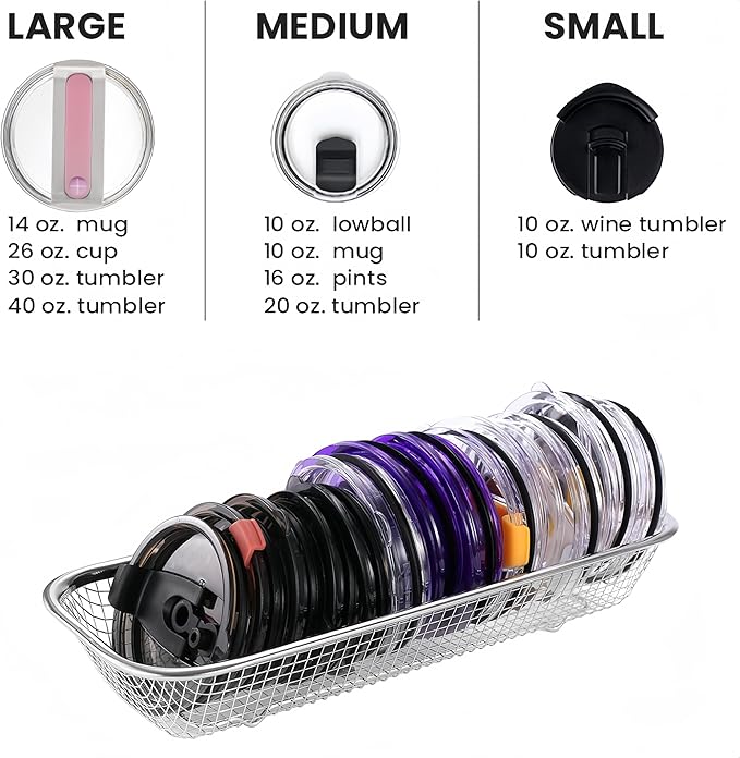 2Pack Stainless Steel Tumbler Cup Lid Organizer Inside Cabinet, Mason Jar Lid Holder, Rectangular Basket for Storage of Silverware, Chopsticks, straws and Utensils