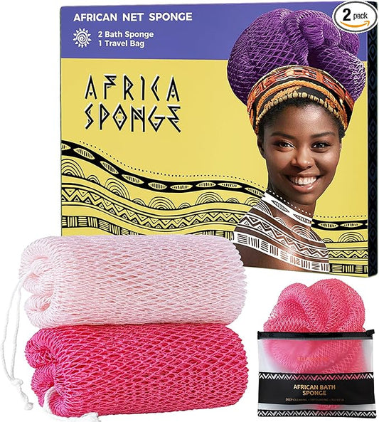 African Net Authentic - 2 Pieces Real African Exfoliating Sponge with Knots - African Net Wash Cloths for Body Scrubber Exfoliator Pink & BabyPink- Back Scrub for Shower Bath Accessories