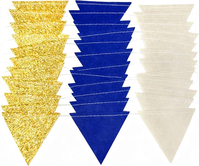 Blue Gold Beige Party Decoration Royal Gold Glitter Felt Hanging Triangle Mini Bunting Pennant Banner Flag for Birthday Wedding Graduation Baby Shower Nautical Ahoy Anchor Party Nursery Classroom Decor
