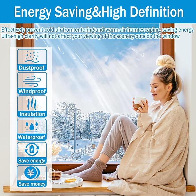 Window Insulation Kit, 63 × 394 Inch and 87 x 110 Inch Plastic Window Covering for Winter, Window Insulation Film Window Wrap Insulation Windows Winterizing Kit with Double-Sided Tape