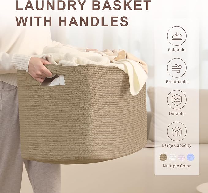 SunNewt 100L Extra Large Wicker Laundry Basket for Living Room Storage, Boho Woven Cotton Rope Baskets for Kids' Toys, Gifts, Square Blanket Hamper for Bedroom Dirty Clothes, Jute