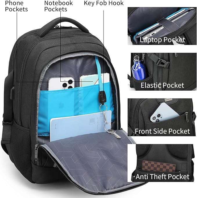 DUSLANG Anti-Theft Laptop Backpack, Black, 15.6-14-13 Inch Laptop Sleeve, USB Charging Port and Black TSA Lock