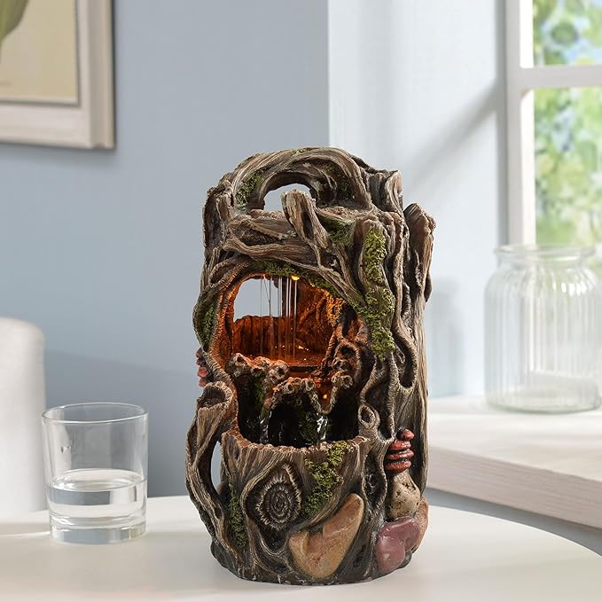 Tabletop Water Fountain, Home Décor Soothing Sound Machine with Automatic Pump, Nature Tree Stump Resin and for Indoor Zen Relaxation for Office, Living Room, or Bedroom Décor