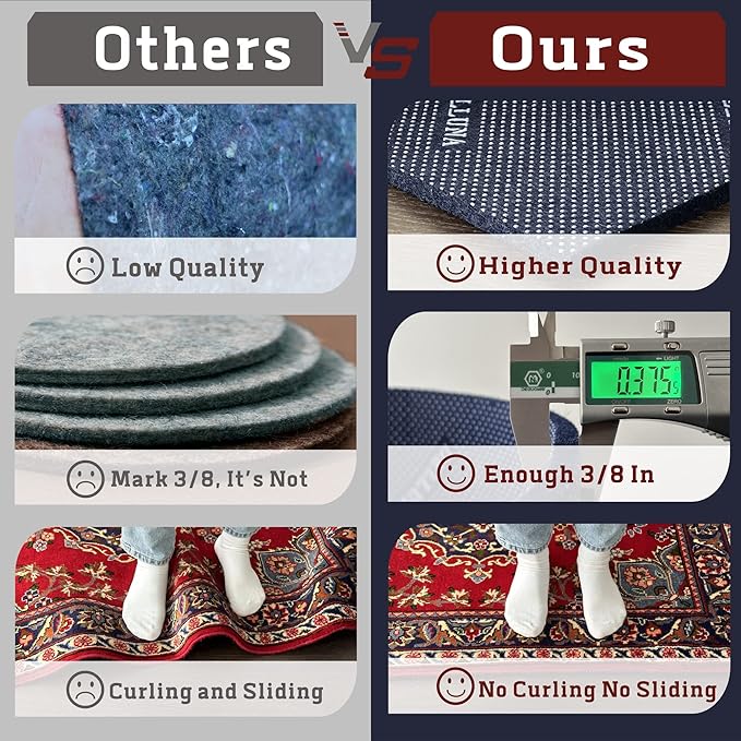 DELLUNA Non-Slip Area Rug Pad 6'x9', 3/8" Thick Double Side Rubber + Felt, Premium Deluxe Cushioned- Safe for All Floors, Adds Comfort and Protection, Ultra Strong Grip, Stop Rug from Moving.
