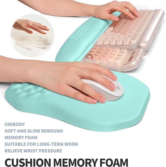 Gleamtide 2-in-1 Ergonomic Set, Wave Keyboard Wrist Rest and Massage Slope Mouse Pad Wrist Support, Rebound Memory Foam for Relieve Carpal Tunnel Syndrome and Wrist Pain (Light Blue)