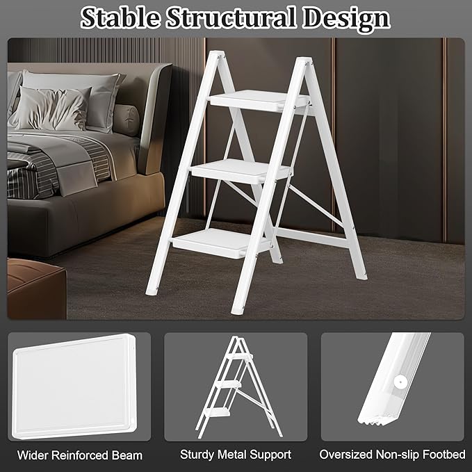 3 Step Ladder, Folding Step Stool with Anti-Slip Wide Pedal, Anti-Slip Feet, Sturdiest Steel Construction, 600lbs Capacity Steel Ladder for Home and Office, White