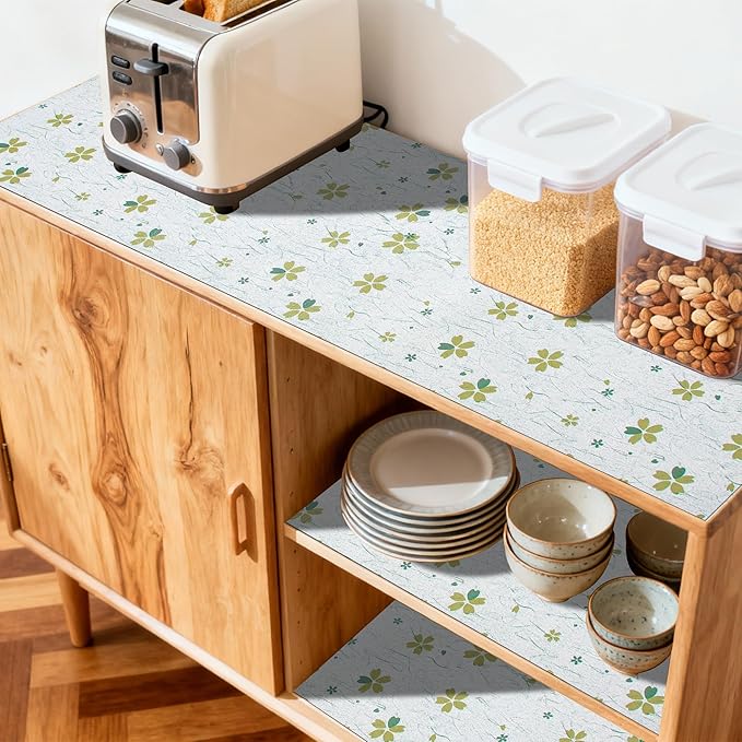 FIFTY FEET 12"x120" Non-Adhesive Shelf Liner for Kitchen Cabinets and Drawers, Washable Non-Slip PVC Cabinet Liner (Green Floral)(10 Roll)