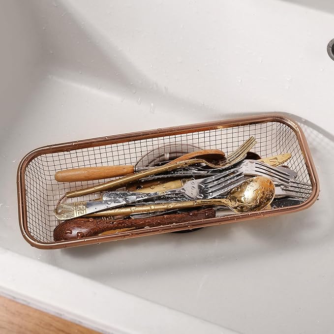 4Pack Stainless Steel Tumbler Cup Lid Organizer Inside Cabinet, Mason Jar Lid Holder, Rectangular Basket for Storage of Silverware, Chopsticks, straws and Utensils, Rosegold