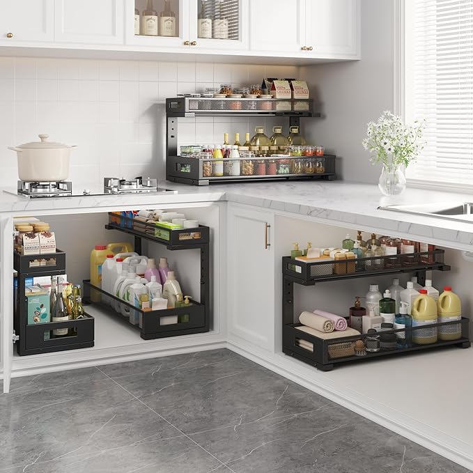 Biboraya 1 Pack 20.47IN Depth Under Sink Storage Organizer, Large 2-Tier Elegant Mesh Pull Out Shelf for Kitchen and Bathroom Cabinet Organization, L-Shaped and Adjustable Height Design-Black
