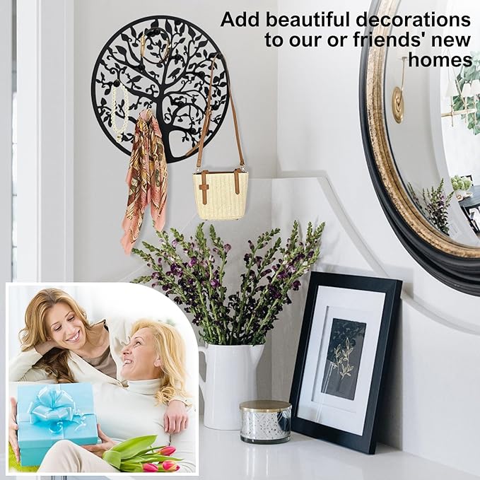 Round Decorative Home Key Holder Wall Mount, Metal Tree Car Key Rack for Wall Organizer for Keys, Wallets, Hats, Used for Decor for House Entryway, Kitchen, Garage, Office (12" Black)