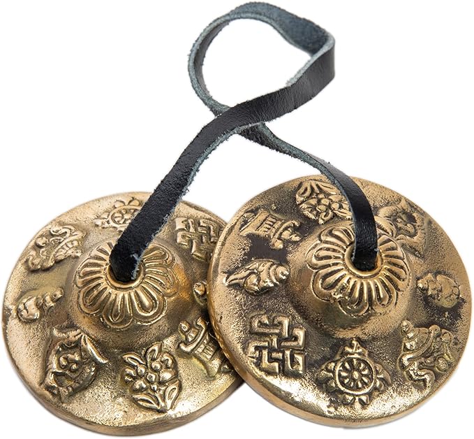 Tingsha Cymbals Bells - Easy To Play - Meditation Mindfulness Chime For Chakra Healing Spiritual Dharma Gifts Handcrafted Tibetan By Himalayan Bazaar (Asta Mangal)