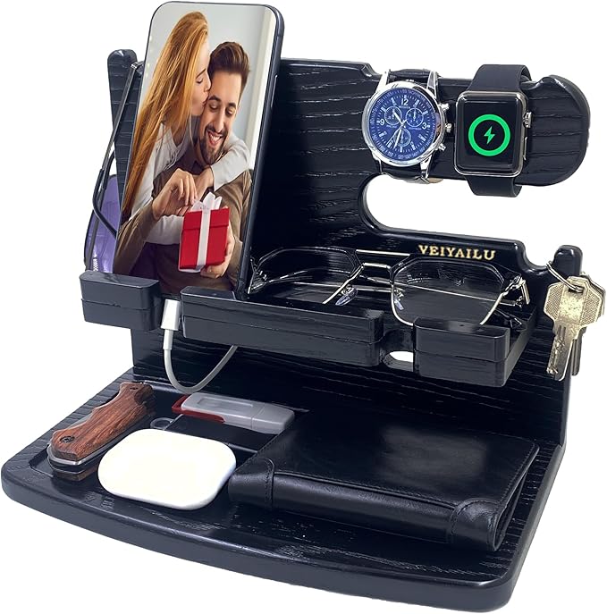 Gifts for Men Dad Women Husband Boyfriend Him Nightstand Organizer for Men Wood Phone Docking Station Birthday Gifts (Black)