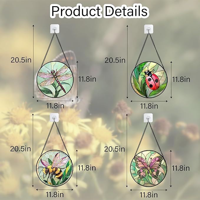 Stained Glass Window Hanging 4 Pcs Set Pink Green Insect Theme Large 11.8" - Butterfly Suncatcher Door Garden Sun Catcher Decor Birthday Christmas for Mom Woman Nana Men