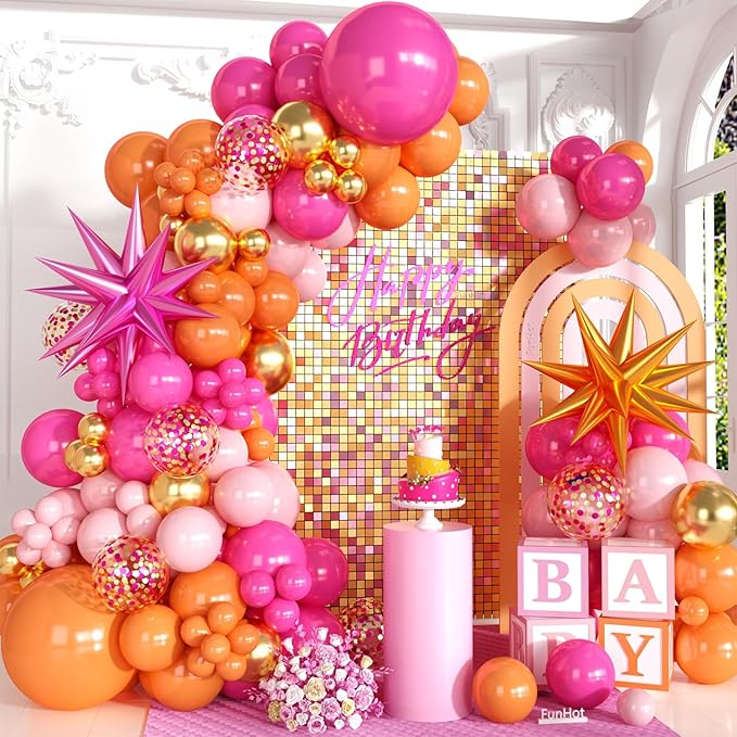 Pink Orange Balloon Garland Arch Kit,120Pcs 18/12/10/5 Inch Hot Pink Orange Metallic Gold Latex Balloons with Star Foil for Birthday Summer Tropical Wedding Party Decorations