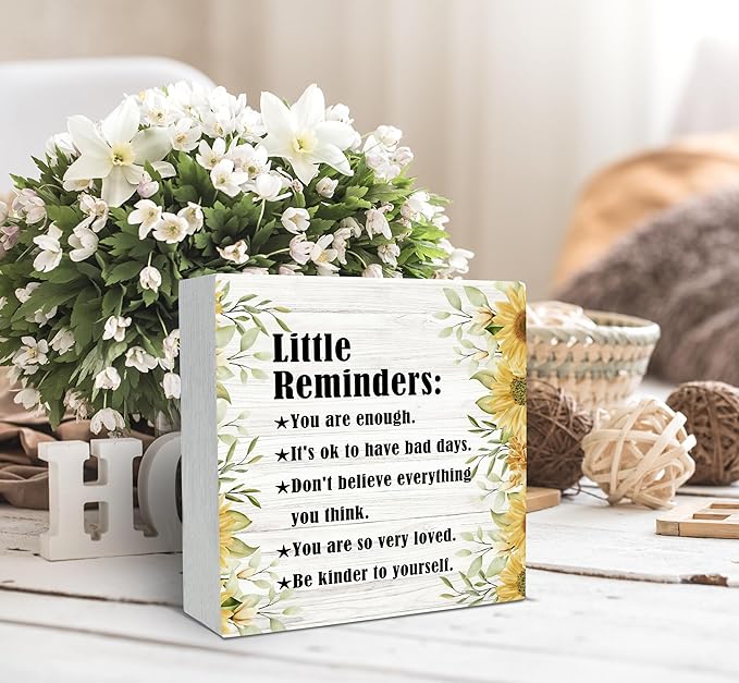 SRADMO Inspirational Little Reminders Wood Box Sign Desk Decor, Inspirational Desk Decor, College Motivational Positive Affirmation Gifts Box Sign For Office Home Dorm Tabletop Decoration(Yellow)