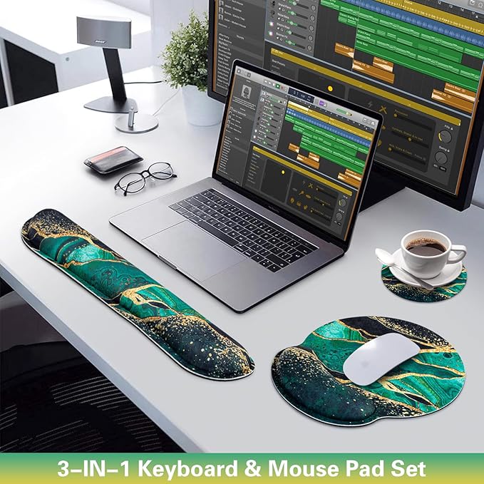 Mouse Pad Green with Wrist Rest Set, 3-in-1 Wrist Support Mousepad Set, Gaming Mat Pad with Anti-Skid Base, Ergonomic Mouse Pad, Memory Foam Gel Wrist Rest for Computer Keyboard