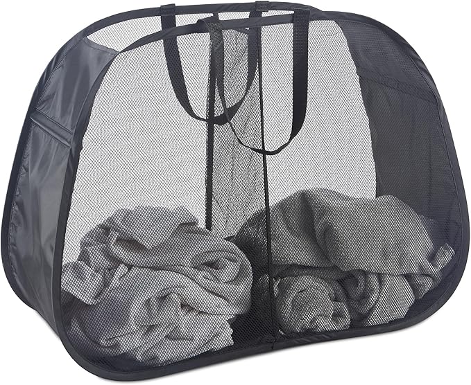 Mesh Popup Laundry Hamper 2 Compartment, Collapsible Laundry Sorter Basket Foldable Hamper for Clothes, College Dorm, Travel (Black)