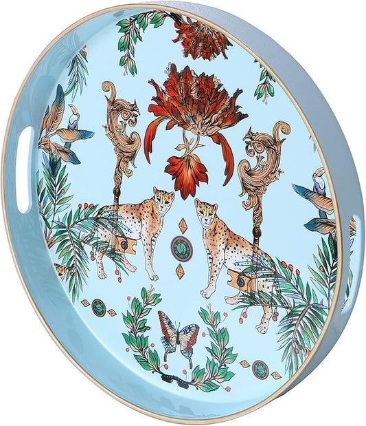 Zosenley Round Decorative Tray, 13 Inch Plastic Serving Tray with Handles, Leopard Style Vanity Organizer for Ottoman, Coffee Table, Kitchen, Bathroom (Blue)