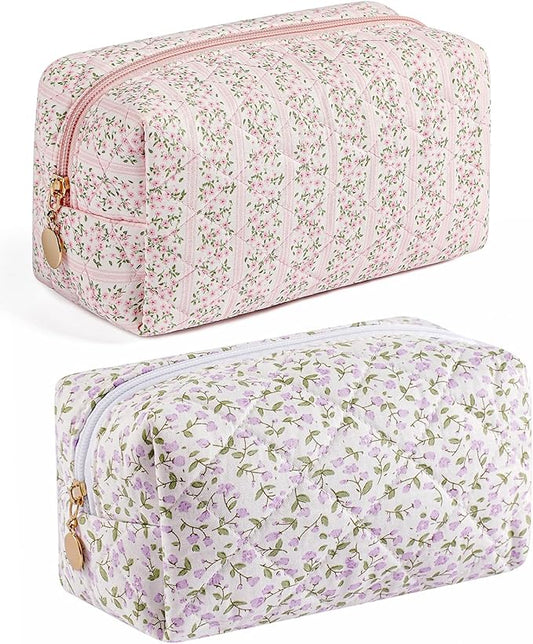HHQQWZ Makeup Bag Travel Cosmetic Bag for Women Girls, Zipper Make Up Pouch, Floral Flowers Toiletry Organizer Makeup, Portable Storage Cosmetic Travel Cloth Bag (Pink+Purple Floral)