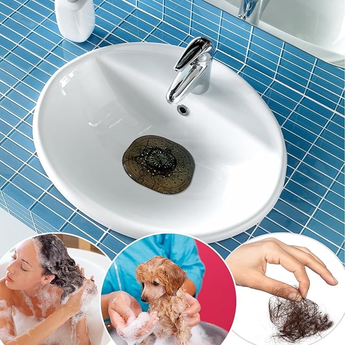 Hair Drain Catcher, Square Drain Cover for Shower, Strong Adhesion Silicone Hair Stopper with Suction Cup, Easy to Install, Suitable for Bathroom, Bathtub, Kitchen, 2 Pack (Jet Black & White)