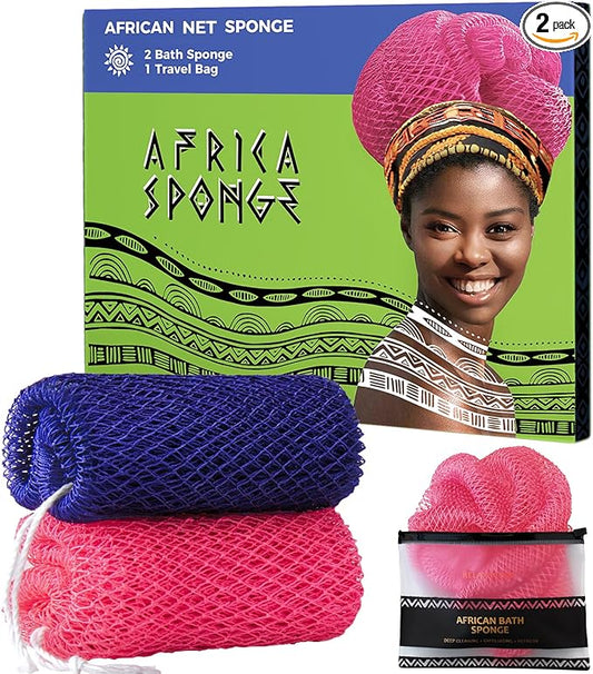Loofah Sponge African Net Authentic - 2 Pieces Real African Exfoliating Sponge with Knots - African Net Wash Cloths for Body Scrubber Exfoliator Purple & Pink - Back Scrub for Shower Bath Accessories
