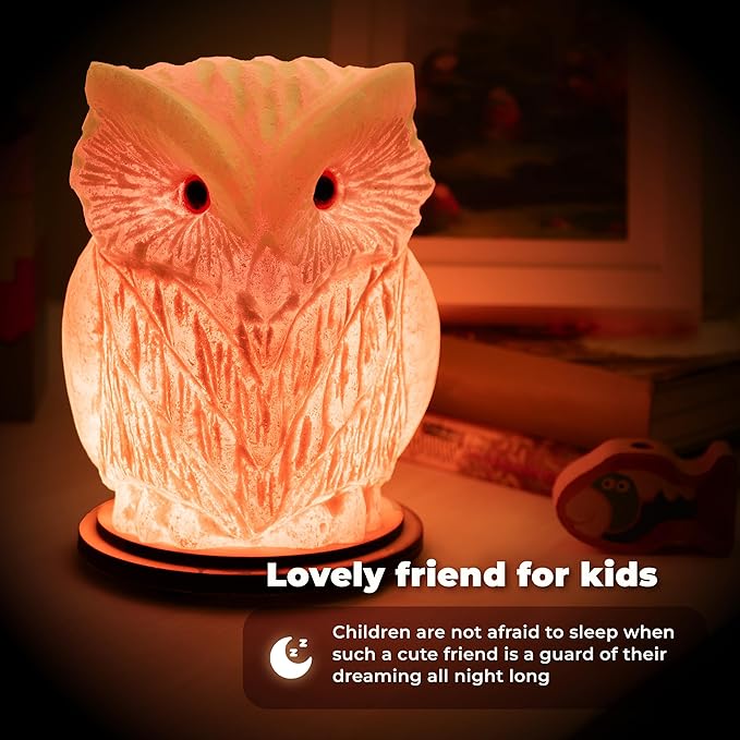 Owl Crystal Salt Lamp H 6.7”, 4.4 lbs - Pure Natural Rock Salt – Unique Night Light Lamp - 1 Light Bulb as a Gift - Wooden Present Box - Holiday Gift Ideas - Cool Room Décor