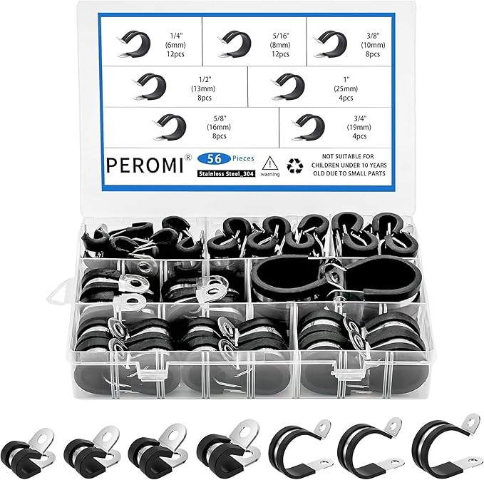 56PCS Double Cable Clamps Assortment Kit in 7 sizes: 1/4", 5/16", 3/8", 1/2", 5/8", 3/4", 1" P Clamps, 304 Stainless Steel Rubber Cushioned Insulated Clamp, Pipe Clamps, Wire Loom Clips By PEROMI