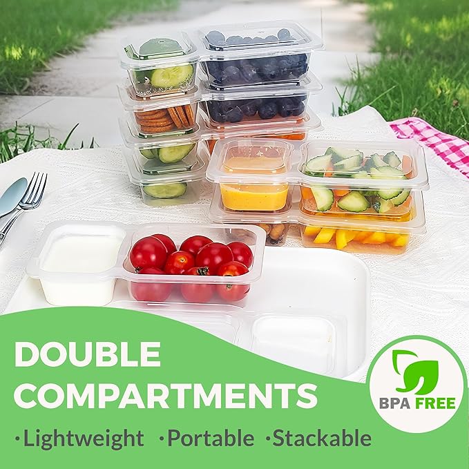 MACTANO 9 OZ Reusable Snack Containers with Lids, New Double Compartment Condiment Snack Pack Containers 10 Sets