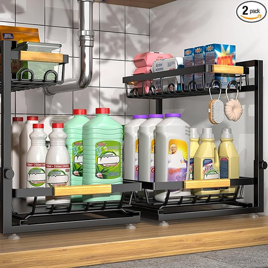 2 Packs Under Sink Organizer, Height Adjustable 2 Tier Under Kitchen Sink Organizer, Multi-Purpose Storage Shelf for Kitchen Bathroom Cabinet (Black)