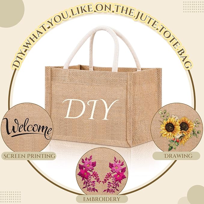 Cunno 12 Pcs Burlap Tote Bag Mini Jute Reusable Bag with Handles Small Blank Canvas Gift Waterproof for Wedding Beach DIY