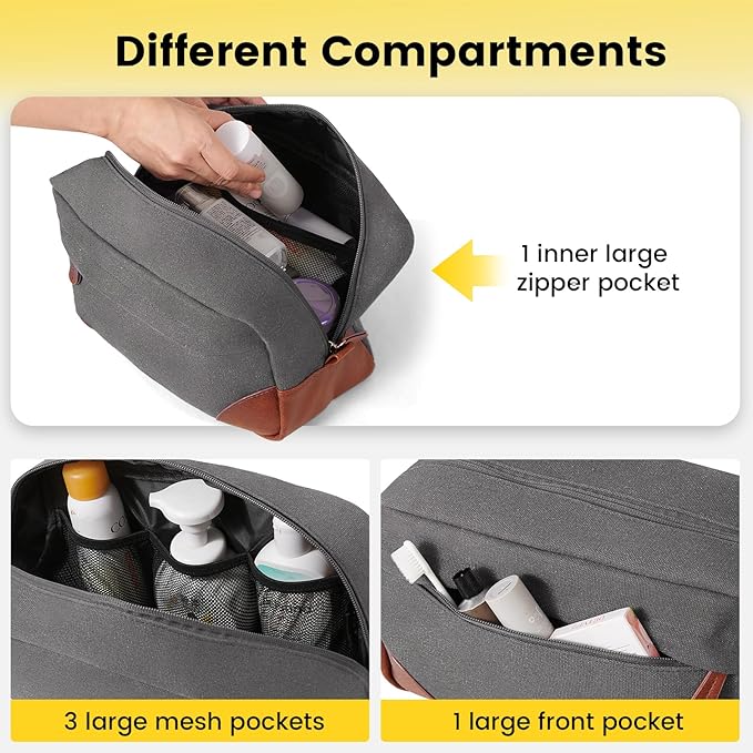 Vorspack Large Travel Toiletry Bag - Hanging Toiletry Bag for Men, Water Resistant Canvas Shaving Bag with Large Capacity for Home Travel - Light Grey