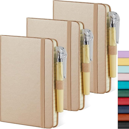 3 Pack Small Notebook 3.7" x 5.7" with Pen, Mini Pocket Size Journal Notepad 100GSM Thick Paper No Bleed, 408 Pages, Note Pad Note Book for Work, Champagne Gold