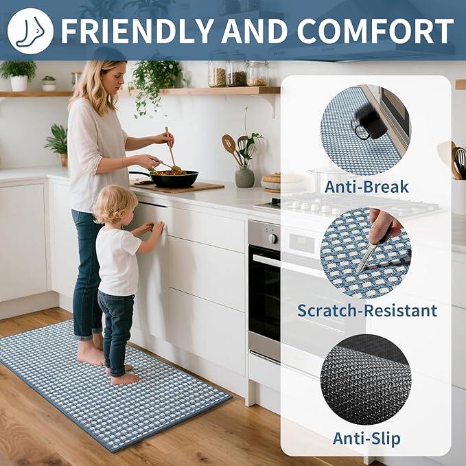 YDKGL Kitchen Mat Kitchen Rugs Sets of 2 PCS Non Slip Washable, Super Absorbent Soft Braided Kitchen Mats for Floor, Rubber Backing Comfort Standing Kitchen Sink Mat Runner Rug, Blue 17"x28"+17"x59"