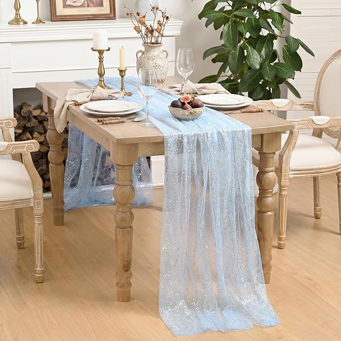 Horaldaily Blue Gold Gauze Tablecloth 60x104 Inch Rectangular, Golden Sequin Glitter Metallic Foil, Sheer Tulle Cheesecloth for Wedding Baby Shower Ceremony Birthday