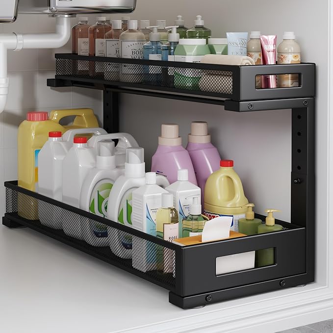 Biboraya 1 Pack 20.47IN Depth Under Sink Storage Organizer, Large 2-Tier Elegant Mesh Pull Out Shelf for Kitchen and Bathroom Cabinet Organization, L-Shaped and Adjustable Height Design-Black