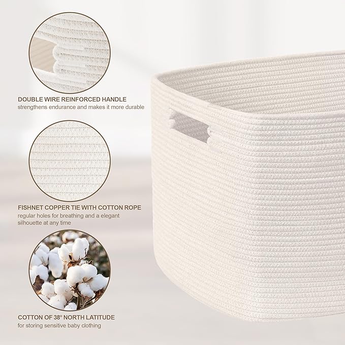 SunNewt 86L Large Baby Girls Laundry Basket for Nursery Storage,Cute Woven cotton Rope Baskets for Kids Toy，Gifts, Boho Square Wicker Blanket hamper for Living Room,Bedroom Dirty Clothes, White