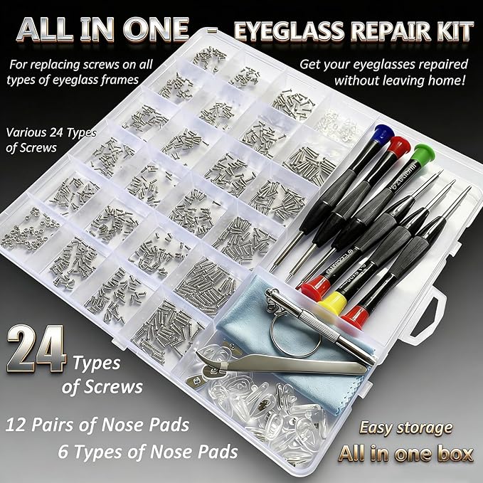 Eyeglass Repair Kit - 24 Types of Eyeglass Screw Size Glasses Repair Kit with Screws, Eyeglass Nose Pads, Eyeglass Screwdriver and Tweezer (24 Types Screws)