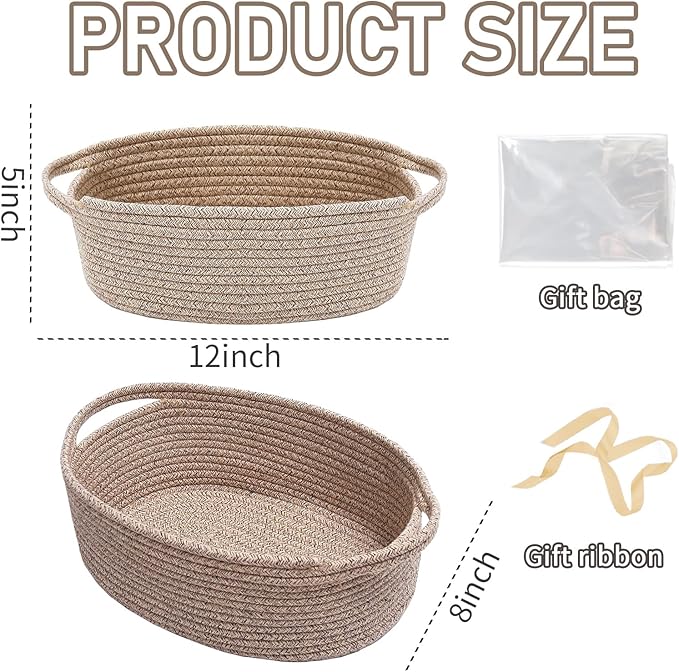 Woven Basket, Small Rope Storage Bin with Handles & Ribbon Bag, Organizer for Shelves Closets, Empty Gift Basket for Birthday, Books, Dog Toys, Oatmeal