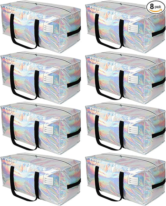 8 Pack Heavy Duty Moving Bags 24-Gallon Extra Large Waterproof Foldable Clothing Storage Totes Bags with Zipper,Reinforced Handles,Packing Moving Boxes for Dorm & Seasonal Storage,Iridescent