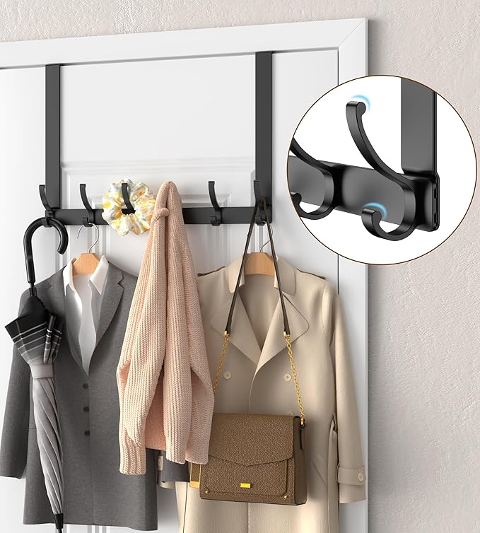 KitchLife Long Over The Door Hooks Hanger with 15.75 inches Extended Arms, Fits 1 3/4" Doors, F40U, 6 Double-Hanger Design Thickened Heavy Duty Bathroom Towel Rack Organization, Matte Black, 1 Pack