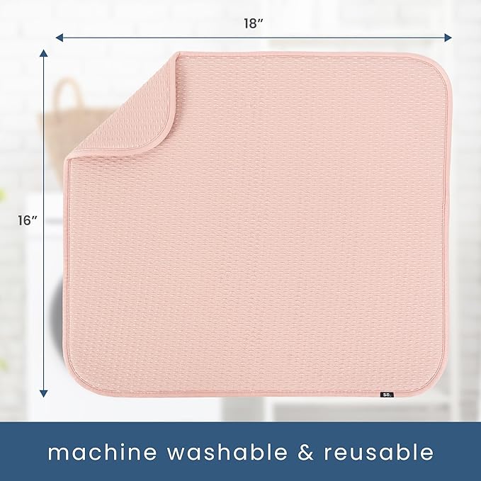S&T INC. Dish Drying Mat, 16” x 18”, Absorbent Microfiber Kitchen Counter Mat, Drying Pad for Dishes, Utensils, Pots and Pans, Large, Diamond Texture, Pink