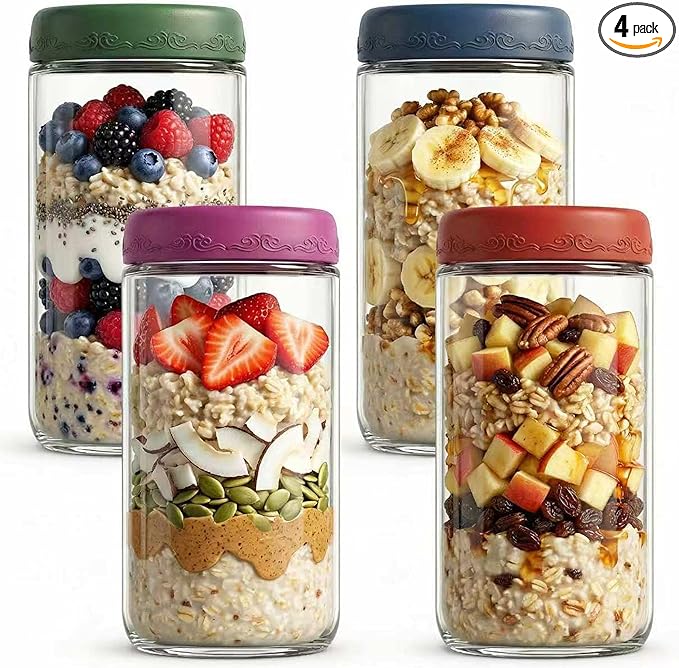 24oz 4Pack Glass Overnight Oats Jars Containers with Airtight Leakproof Lids, Reusable Mason Jars for Meal Prep, Yogurt Parfaits, Smoothies, Salads & Healthy Breakfasts (24 OZ-4-1)